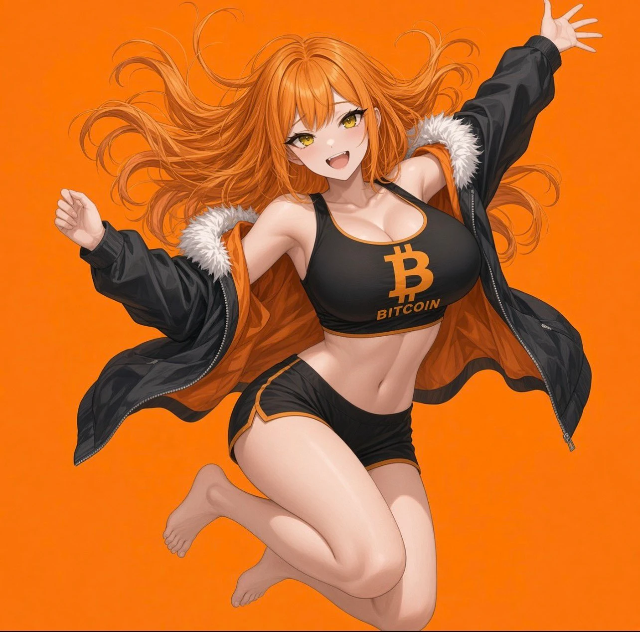 The Big Titty Coin character in mid-jump, with flowing orange hair and her black Bitcoin outfit