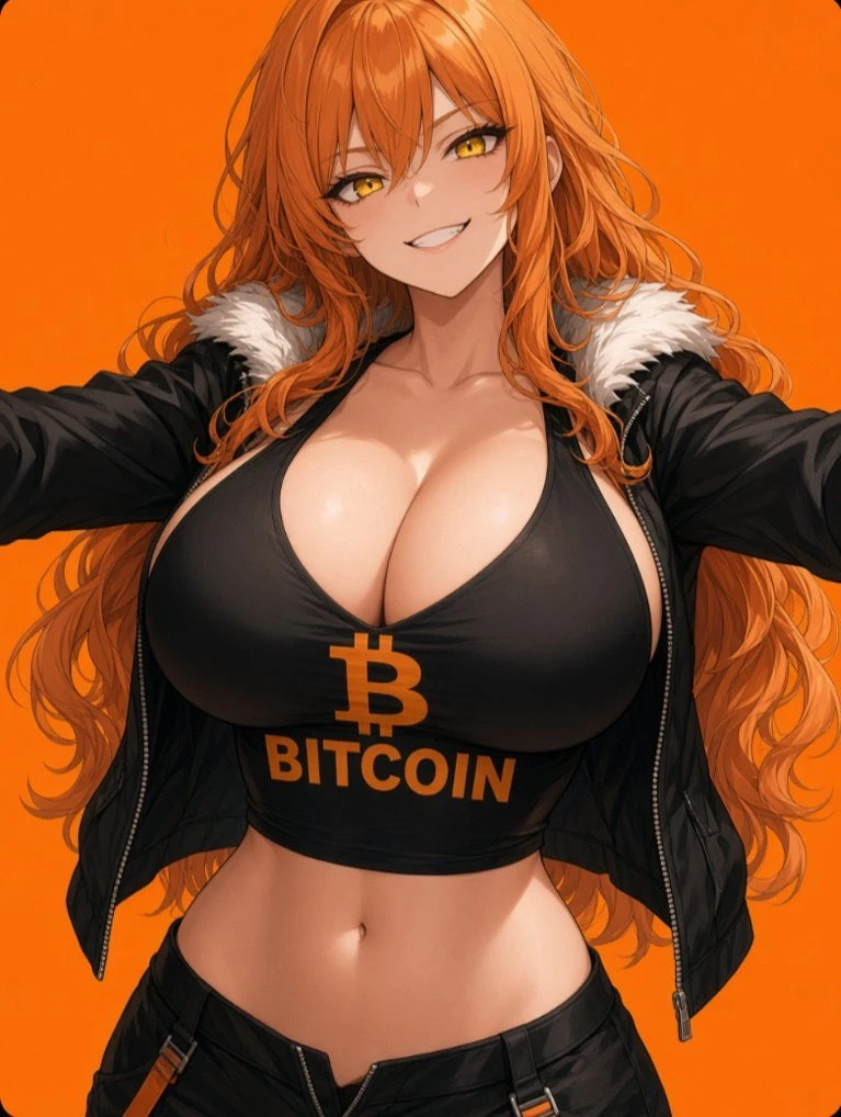 Big Titty Coin’s orange-haired illustrated mascot wearing the Bitcoin symbol